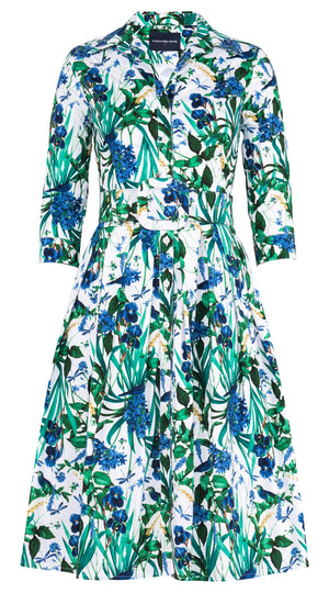 Audrey Dress #1 Shirt Collar 3/4 Sleeve Long Length Cotton Stretch (Vintage Iris)