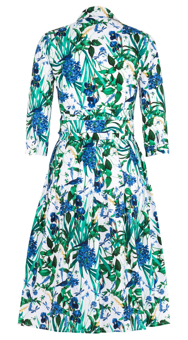 Audrey Dress #1 Shirt Collar 3/4 Sleeve Long Length Cotton Stretch (Vintage Iris)