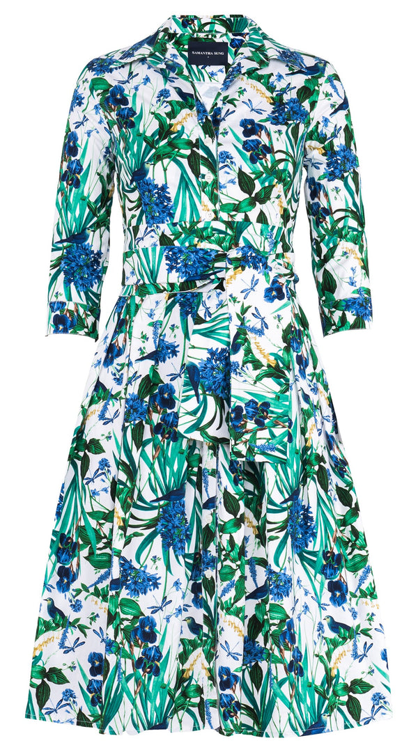 Audrey Dress #1 Shirt Collar 3/4 Sleeve Long Length Cotton Stretch (Vintage Iris)