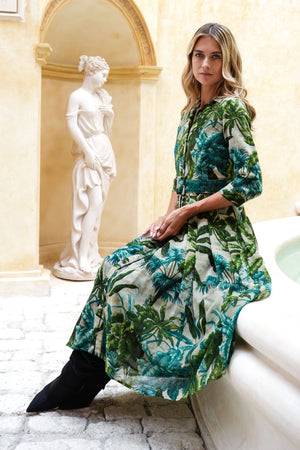 Audrey Dress #4 Shirt Collar 3/4 Sleeve Midi Length Wool (Vintage Palm) - Beige Green