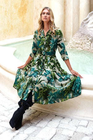 Audrey Dress #4 Shirt Collar 3/4 Sleeve Midi Length Wool (Vintage Palm) - Beige Green