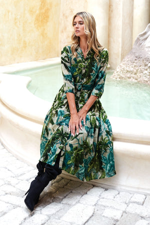 Audrey Dress #4 Shirt Collar 3/4 Sleeve Midi Length Wool (Vintage Palm) - Beige Green