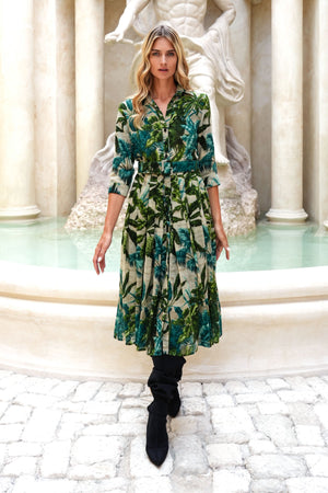 Audrey Dress #4 Shirt Collar 3/4 Sleeve Midi Length Wool (Vintage Palm) - Beige Green