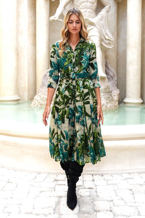 Audrey Dress #4 Shirt Collar 3/4 Sleeve Midi Length Wool (Vintage Palm) - Beige Green