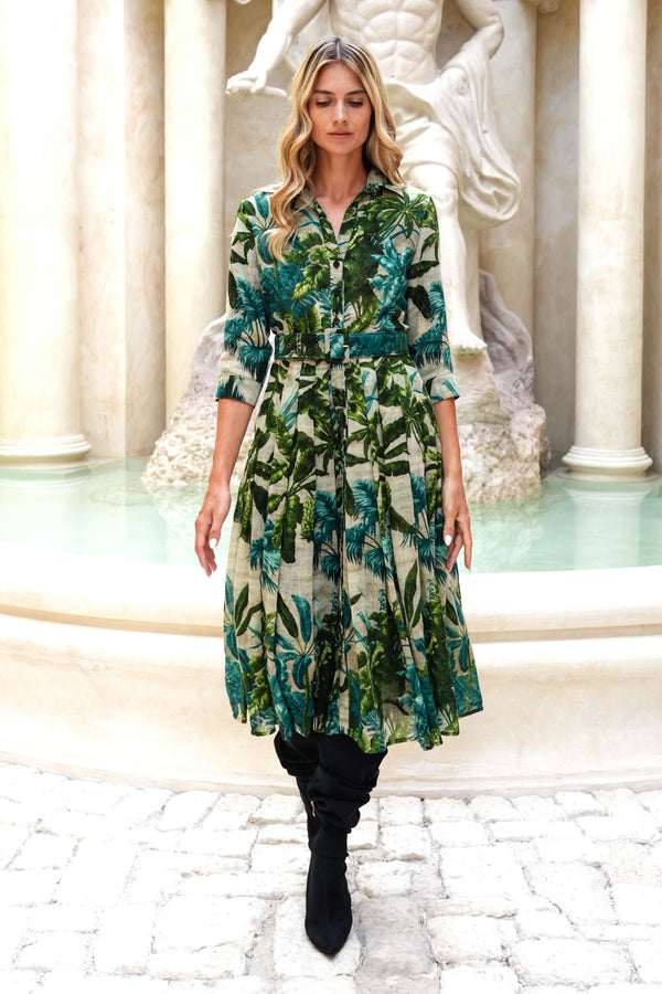 Audrey Dress #4 Shirt Collar 3/4 Sleeve Midi Length Wool (Vintage Palm) - Beige Green