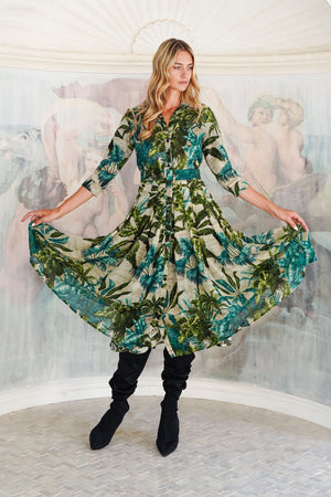 Audrey Dress #4 Shirt Collar 3/4 Sleeve Midi Length Wool (Vintage Palm) - Beige Green