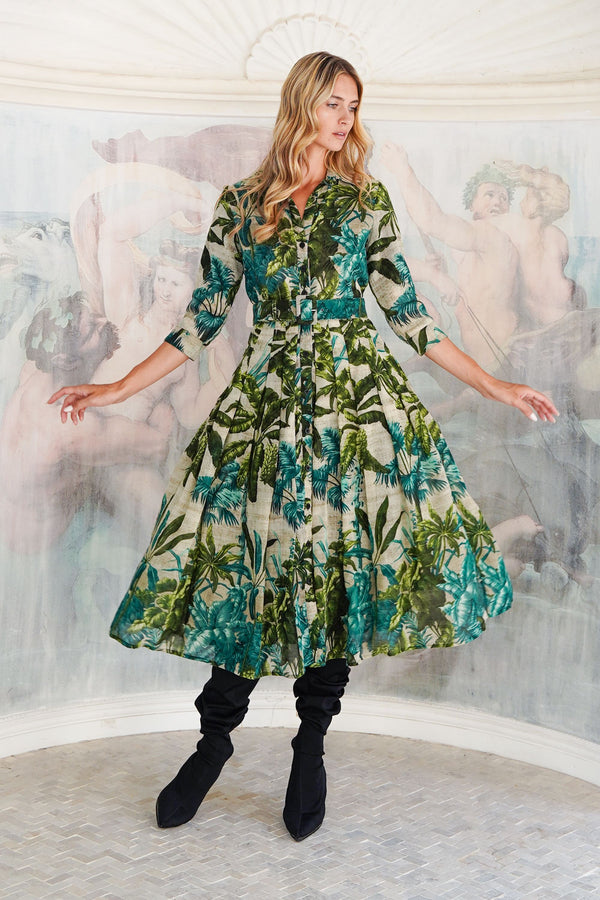 Audrey Dress #4 Shirt Collar 3/4 Sleeve Midi Length Wool (Vintage Palm) - Beige Green