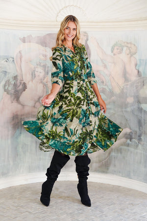 Audrey Dress #4 Shirt Collar 3/4 Sleeve Midi Length Wool (Vintage Palm) - Beige Green