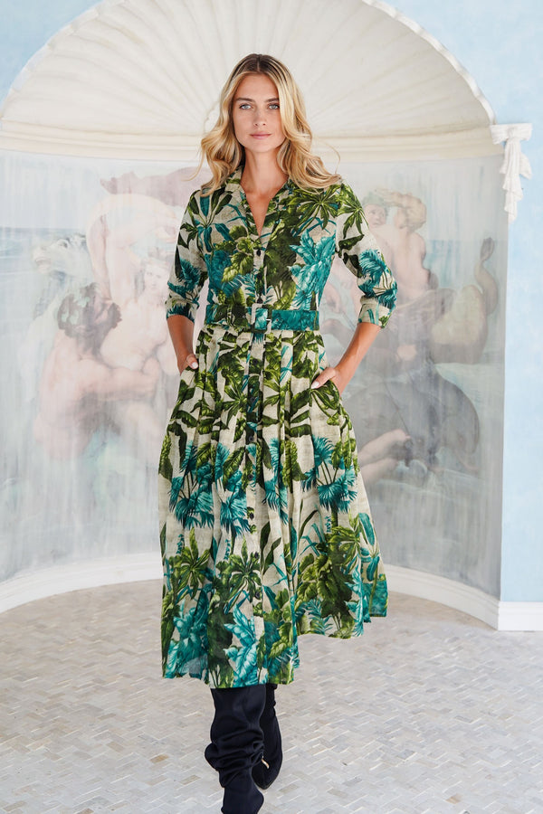 Audrey Dress #4 Shirt Collar 3/4 Sleeve Midi Length Wool (Vintage Palm) - Beige Green