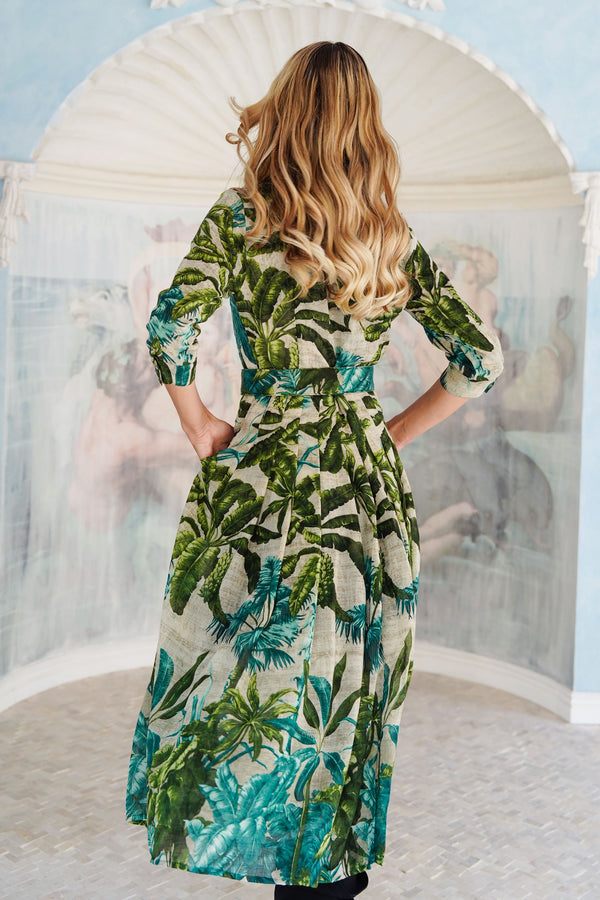 Audrey Dress #4 Shirt Collar 3/4 Sleeve Midi Length Wool (Vintage Palm) - Beige Green