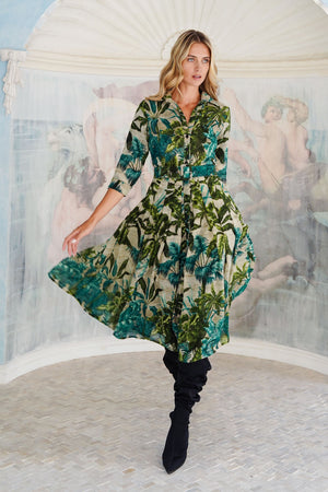 Audrey Dress #4 Shirt Collar 3/4 Sleeve Midi Length Wool (Vintage Palm) - Beige Green