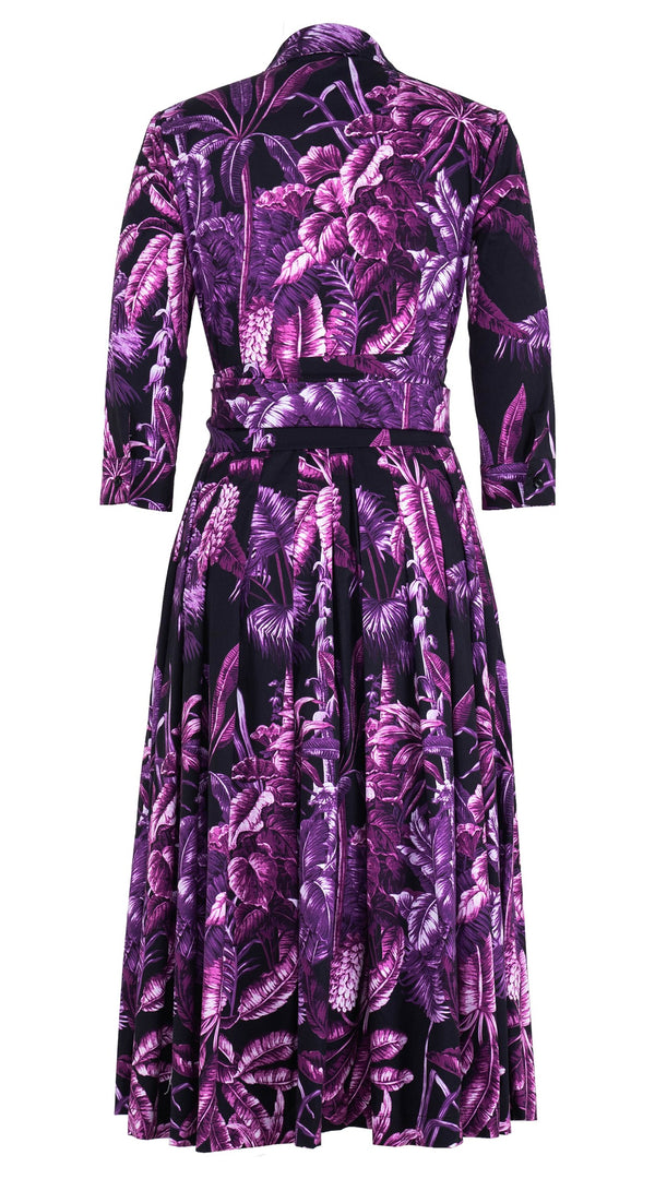 Audrey Dress #4 Shirt Collar 3/4 Sleeve Midi Length Cotton Stretch (Vintage Palm)