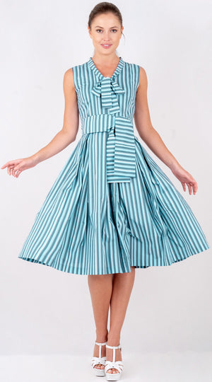 Audrey Dress #7 Tie Neck Sleeveless Long Length Poplin (Vintage Stripe)