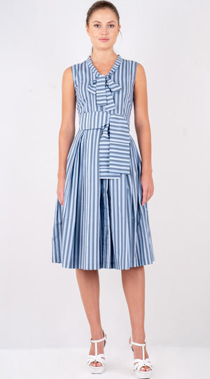 Audrey Dress #7 Tie Neck Sleeveless Long Length Poplin (Vintage Stripe)