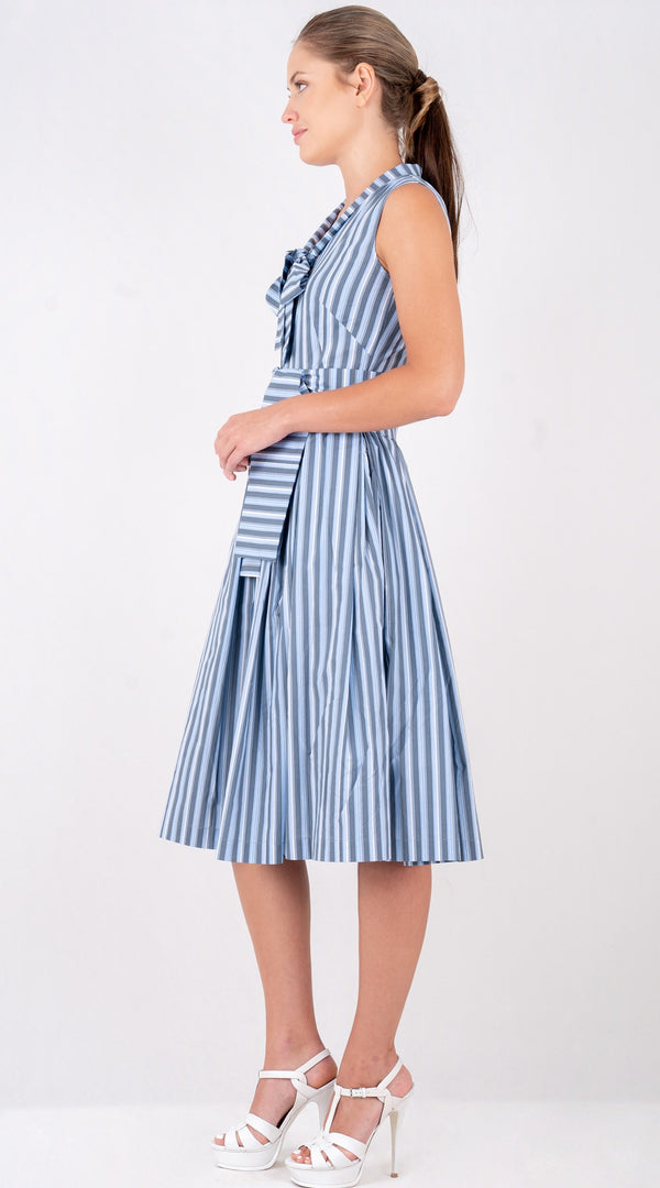 Audrey Dress #7 Tie Neck Sleeveless Long Length Poplin (Vintage Stripe)
