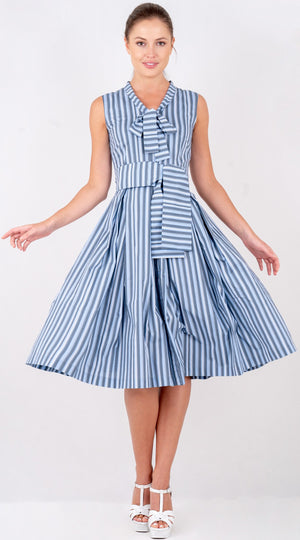 Audrey Dress #7 Tie Neck Sleeveless Long Length Poplin (Vintage Stripe)