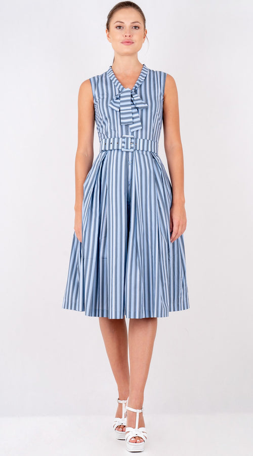 Audrey Dress #7 Tie Neck Sleeveless Long Length Poplin (Vintage Stripe)