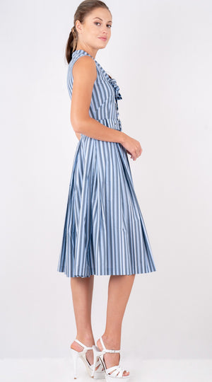 Audrey Dress #7 Tie Neck Sleeveless Long Length Poplin (Vintage Stripe)