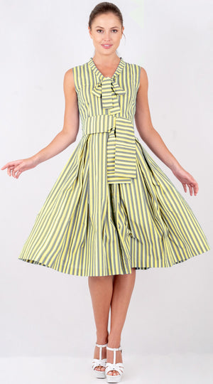 Audrey Dress #7 Tie Neck Sleeveless Long Length Poplin (Vintage Stripe)