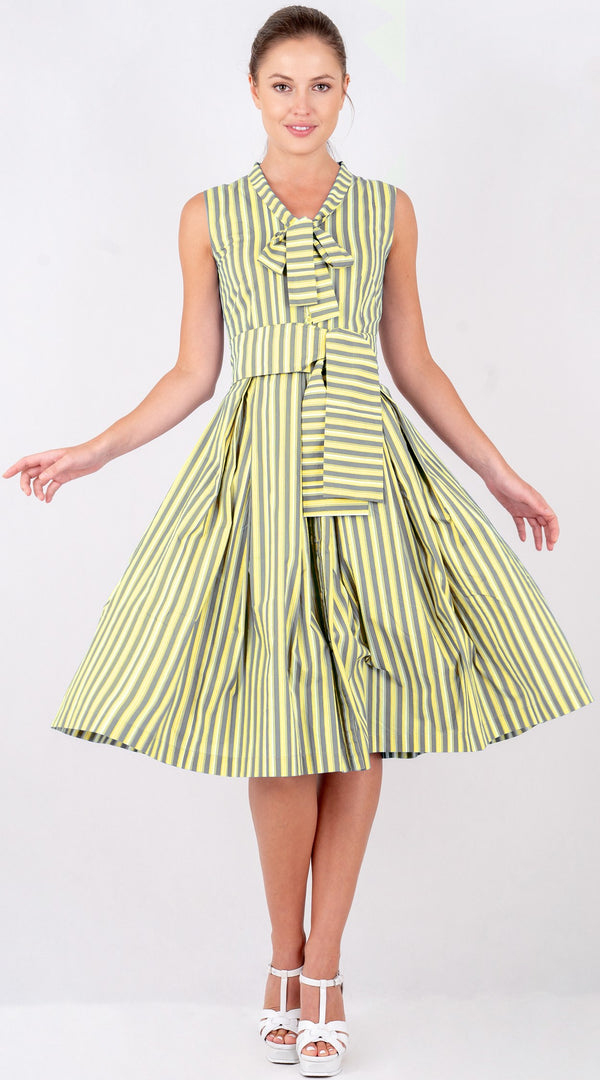 Audrey Dress #7 Tie Neck Sleeveless Long Length Poplin (Vintage Stripe)