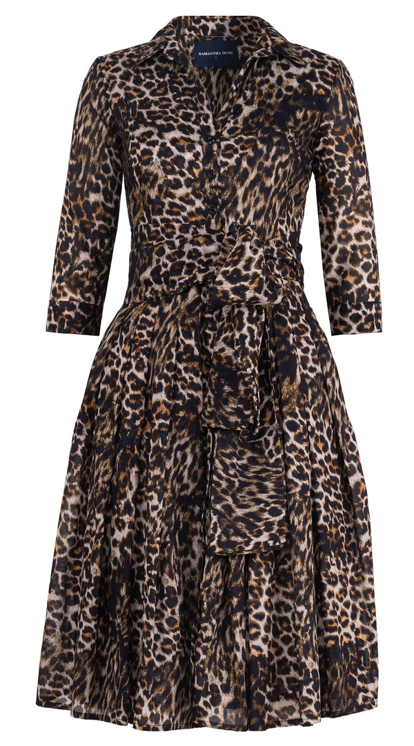 Audrey Dress #4 Shirt Collar 3/4 Sleeve Long Length Cotton Musola (Viper Leopard Big)