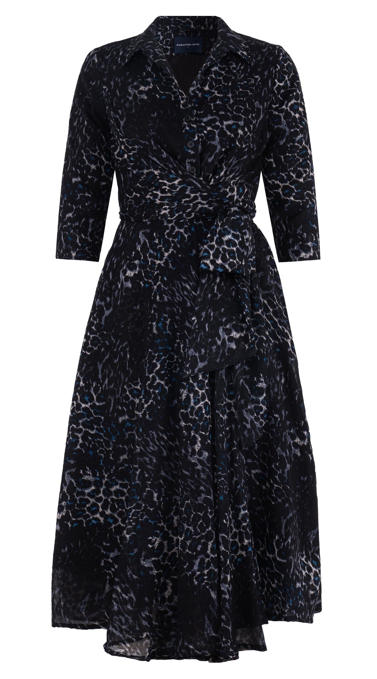 Audrey Dress #4 Shirt Collar 3/4 Sleeve Midi Plus Length Wool (Colombo Leopard) - Midnight Blue main image 0