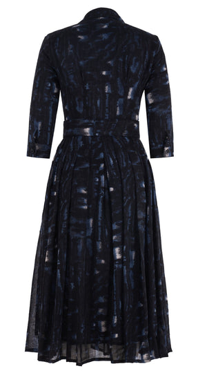 Audrey Dress #4 Shirt Collar 3/4 Sleeve Midi Length Wool Musola (Viper Zebra) - Midnight Blue