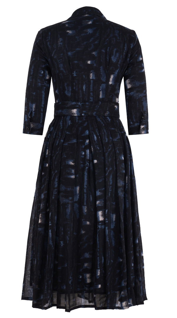 Audrey Dress #4 Shirt Collar 3/4 Sleeve Midi Length Wool Musola (Viper Zebra) - Midnight Blue