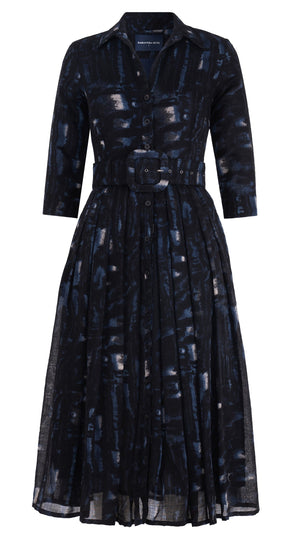 Audrey Dress #4 Shirt Collar 3/4 Sleeve Midi Length Wool Musola (Viper Zebra) - Midnight Blue