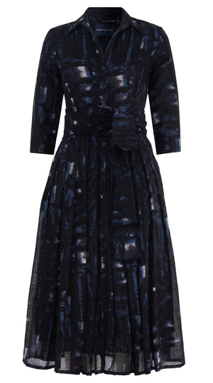 Audrey Dress #4 Shirt Collar 3/4 Sleeve Midi Length Wool Musola (Viper Zebra) - Midnight Blue
