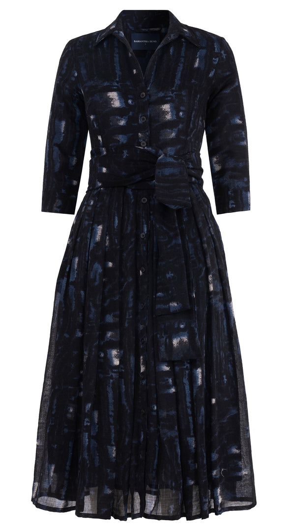Audrey Dress #4 Shirt Collar 3/4 Sleeve Midi Length Wool Musola (Viper Zebra) - Midnight Blue