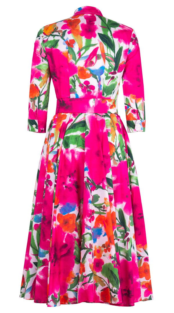 Aster Dress Shirt Collar 3/4 Sleeve Midi Length Cotton Lawn (Watercolor Bloom)