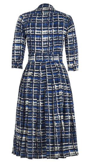 Audrey Dress #4 Shirt Collar 3/4 Sleeve Midi Length Wool Musola (Watercolor Check) - Blue