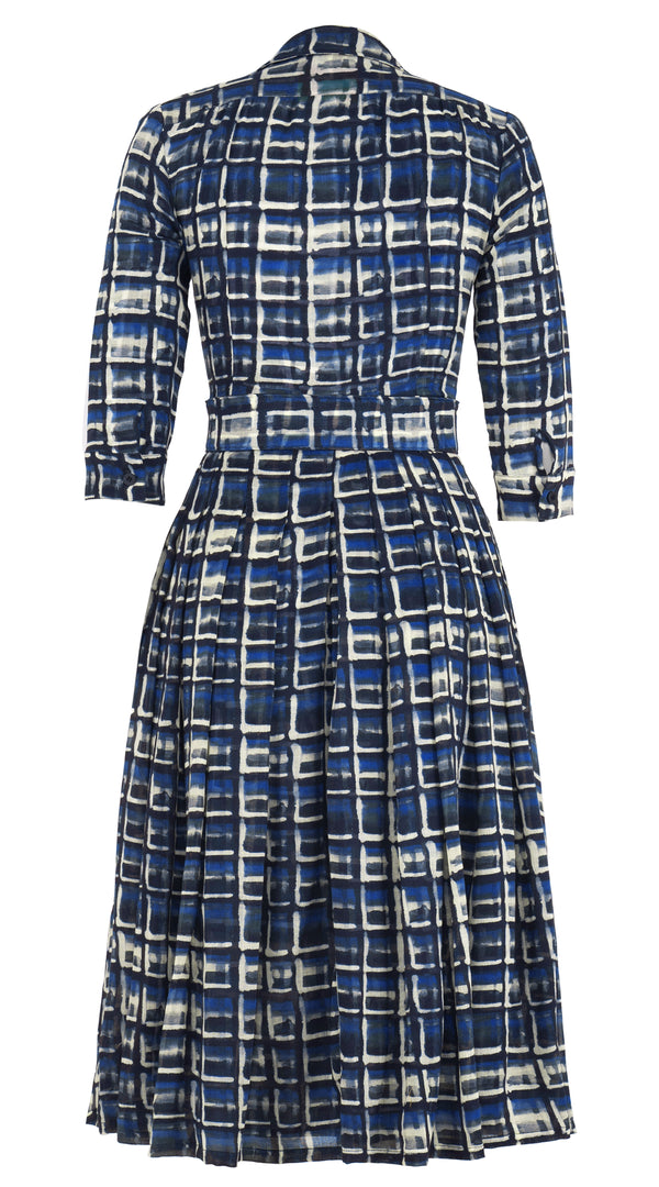 Audrey Dress #4 Shirt Collar 3/4 Sleeve Midi Length Wool Musola (Watercolor Check) - Blue