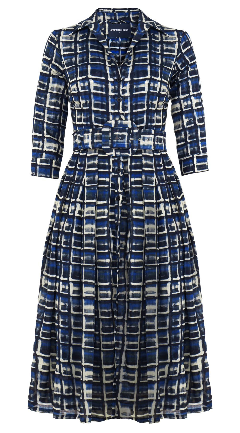 Audrey Dress #4 Shirt Collar 3/4 Sleeve Midi Length Wool Musola (Watercolor Check) - Blue