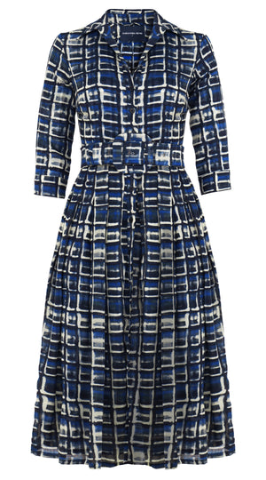 Audrey Dress #4 Shirt Collar 3/4 Sleeve Midi Length Wool Musola (Watercolor Check) - Blue
