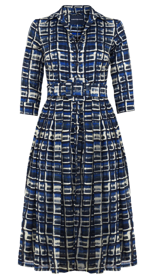 Audrey Dress #4 Shirt Collar 3/4 Sleeve Midi Length Wool Musola (Watercolor Check) - Blue