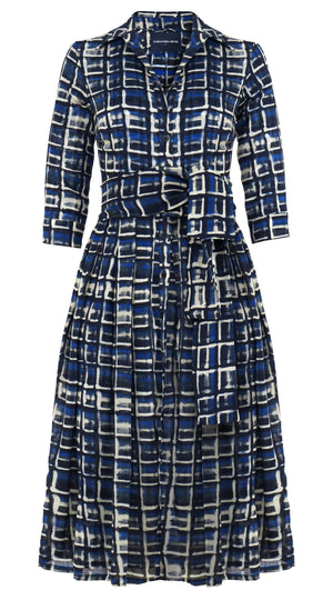 Audrey Dress #4 Shirt Collar 3/4 Sleeve Midi Length Wool Musola (Watercolor Check) - Blue