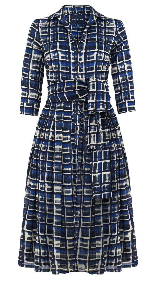 Audrey Dress #4 Shirt Collar 3/4 Sleeve Midi Length Wool Musola (Watercolor Check) - Blue
