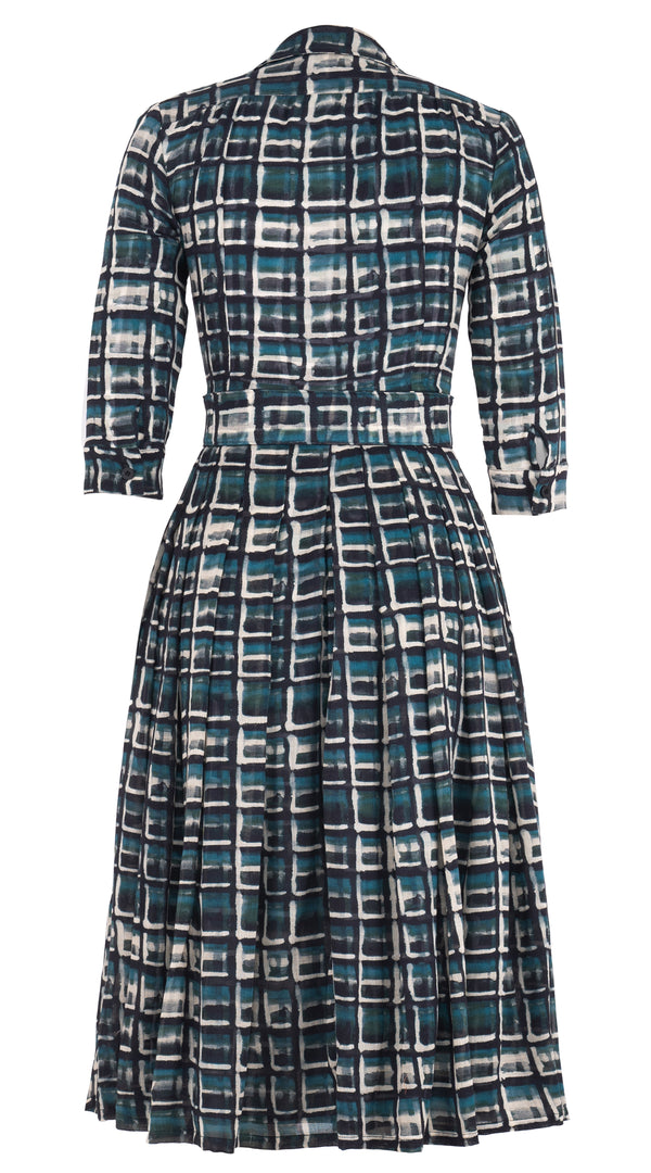 Audrey Dress #4 Shirt Collar 3/4 Sleeve Midi Length Wool (Watercolor Check) - Jade