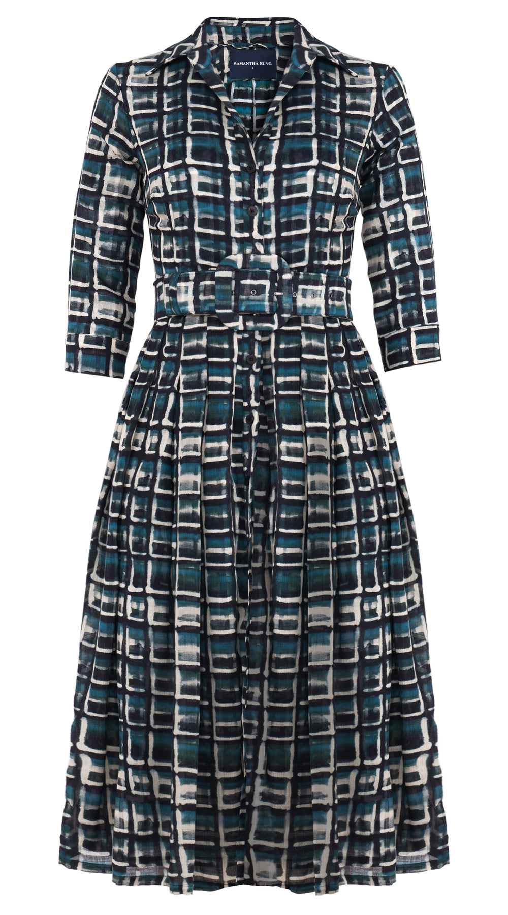 Audrey Dress #4 Shirt Collar 3/4 Sleeve Midi Length Wool Musola (Watercolor Check) - Jade
