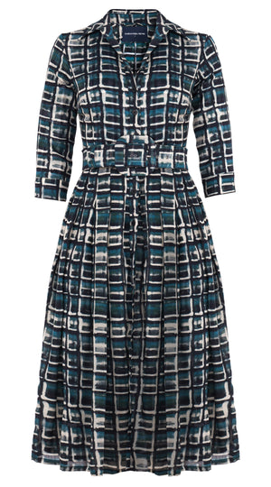 Audrey Dress #4 Shirt Collar 3/4 Sleeve Midi Length Wool (Watercolor Check) - Jade