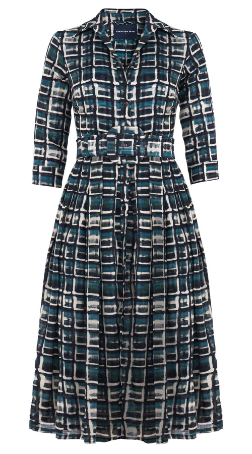 Audrey Dress #4 Shirt Collar 3/4 Sleeve Midi Length Wool (Watercolor Check) - Jade