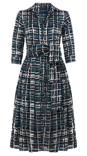 Audrey Dress #4 Shirt Collar 3/4 Sleeve Midi Length Wool (Watercolor Check) - Jade
