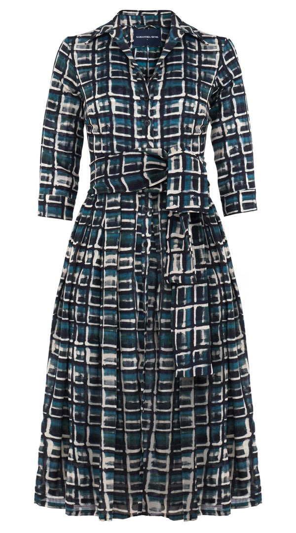 Audrey Dress #4 Shirt Collar 3/4 Sleeve Midi Length Wool (Watercolor Check) - Jade