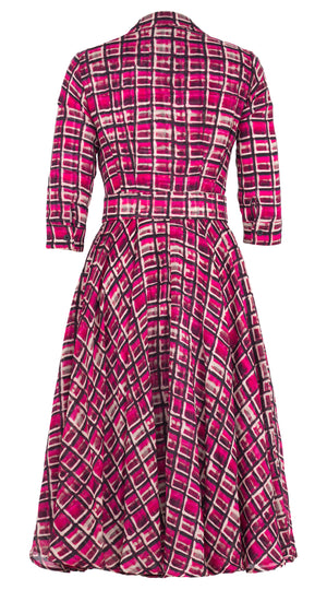 Aster Dress Shirt Collar 3/4 Sleeve Midi Length Wool Musola (Watercolor Check) - Pink