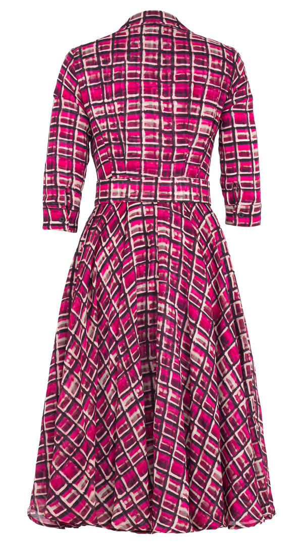 Aster Dress Shirt Collar 3/4 Sleeve Midi Length Wool Musola (Watercolor Check) - Pink