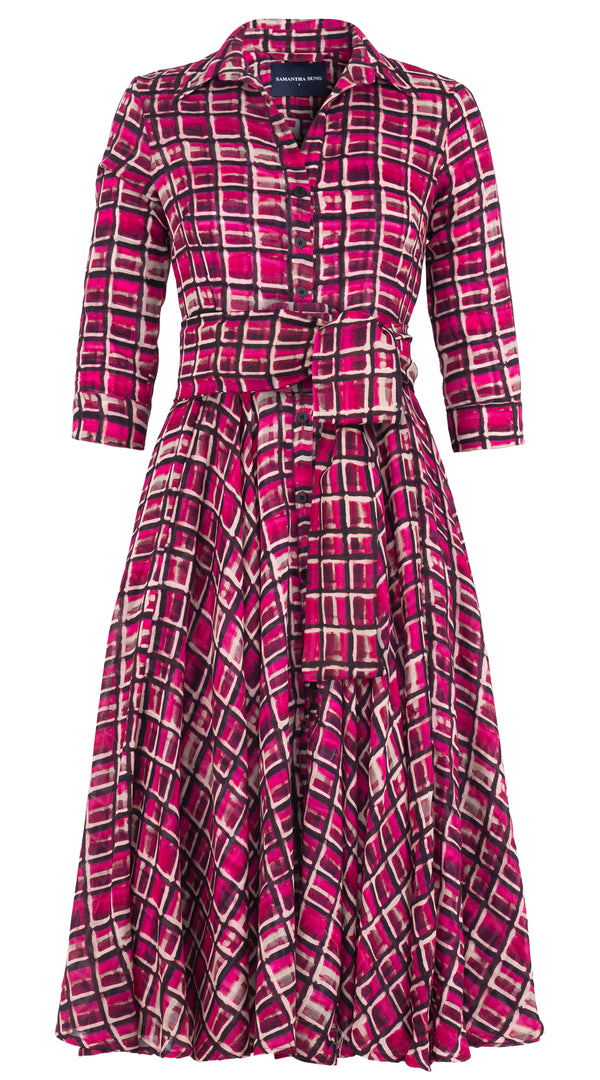 Aster Dress Shirt Collar 3/4 Sleeve Midi Length Wool Musola (Watercolor Check) - Pink