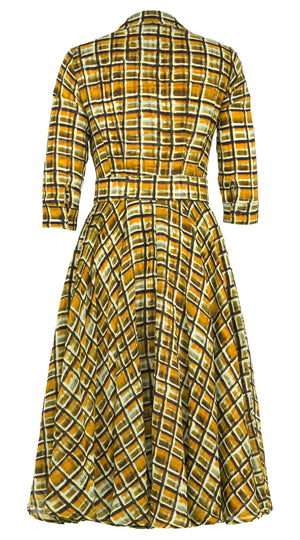 Aster Dress Shirt Collar 3/4 Sleeve Midi Length Wool Musola (Watercolor Check) - Yellow