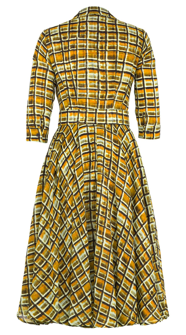 Aster Dress Shirt Collar 3/4 Sleeve Midi Length Wool Musola (Watercolor Check) - Yellow